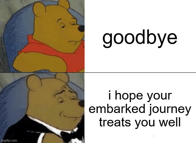 Tuxedo Winnie The Pooh Meme | goodbye; i hope your embarked journey treats you well | image tagged in memes,tuxedo winnie the pooh | made w/ Imgflip meme maker