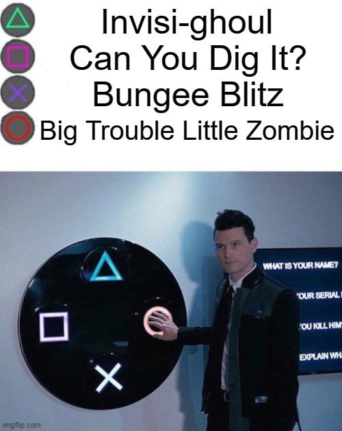 RCCH PvZ Brutal Mode EX mini-games | Invisi-ghoul; Can You Dig It? Bungee Blitz; Big Trouble Little Zombie | image tagged in 4 buttons,pvz | made w/ Imgflip meme maker