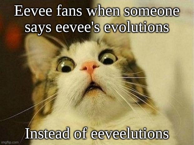 Shidpost | Eevee fans when someone says eevee's evolutions; Instead of eeveelutions | image tagged in memes,scared cat | made w/ Imgflip meme maker