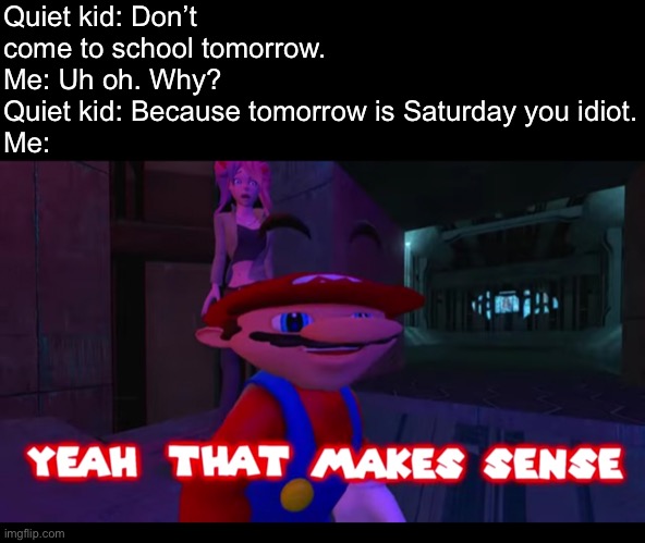 I saved this one just for today, a Friday. | Quiet kid: Don’t come to school tomorrow.
Me: Uh oh. Why?
Quiet kid: Because tomorrow is Saturday you idiot.
Me: | image tagged in yeah that makes sense smg4 | made w/ Imgflip meme maker