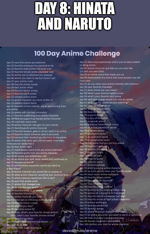 100 day anime challenge | DAY 8: HINATA AND NARUTO | image tagged in 100 day anime challenge | made w/ Imgflip meme maker