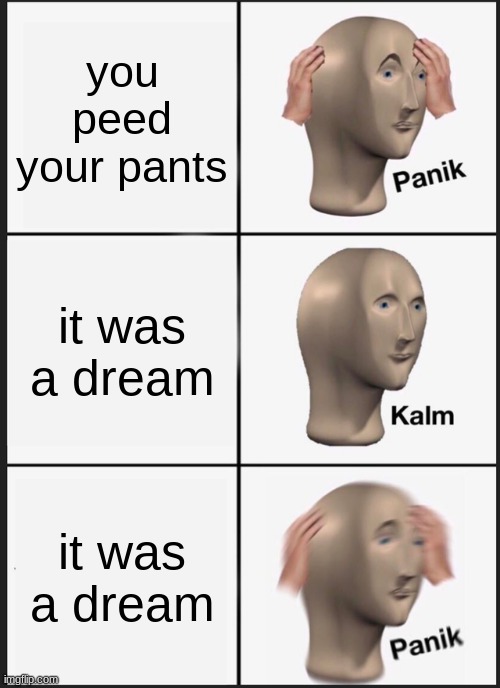 Panik Kalm Panik | you peed your pants; it was a dream; it was a dream | image tagged in memes,panik kalm panik | made w/ Imgflip meme maker