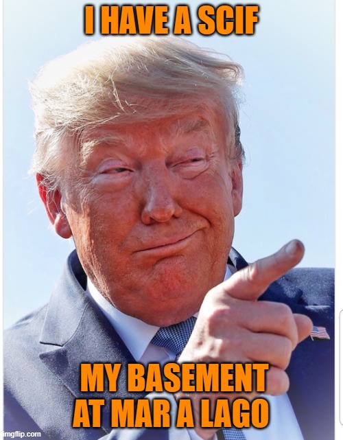 Trump pointing | I HAVE A SCIF MY BASEMENT AT MAR A LAGO | image tagged in trump pointing | made w/ Imgflip meme maker