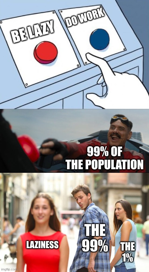 The Relatable | DO WORK; BE LAZY; 99% OF THE POPULATION; THE 99%; LAZINESS; THE 1% | image tagged in robotnik button,memes,distracted boyfriend | made w/ Imgflip meme maker