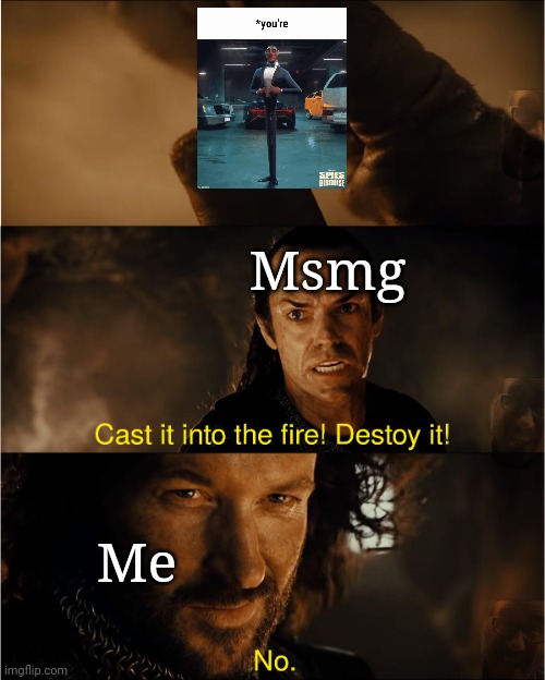 cast it into the fire | Msmg; Me | image tagged in cast it into the fire | made w/ Imgflip meme maker