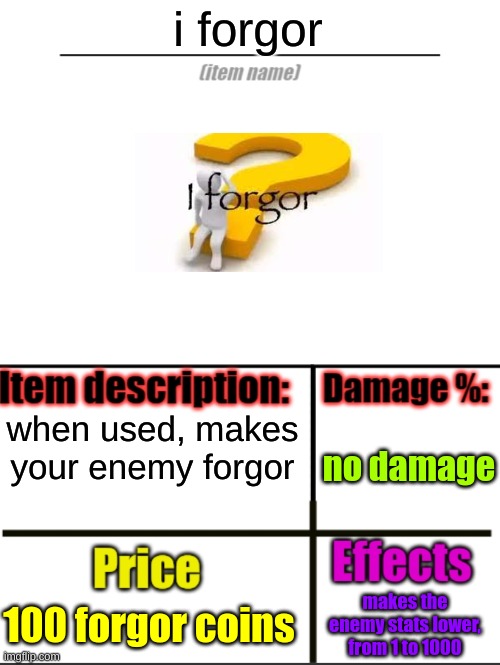 title | i forgor; when used, makes your enemy forgor; no damage; 100 forgor coins; makes the enemy stats lower, from 1 to 1000 | image tagged in item-shop extended | made w/ Imgflip meme maker