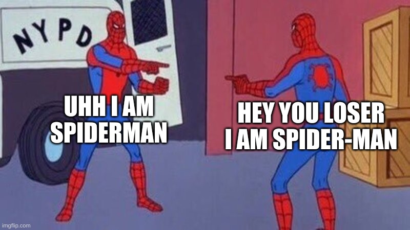 Spider man | UHH I AM SPIDERMAN; HEY YOU LOSER I AM SPIDER-MAN | image tagged in spiderman pointing at spiderman | made w/ Imgflip meme maker