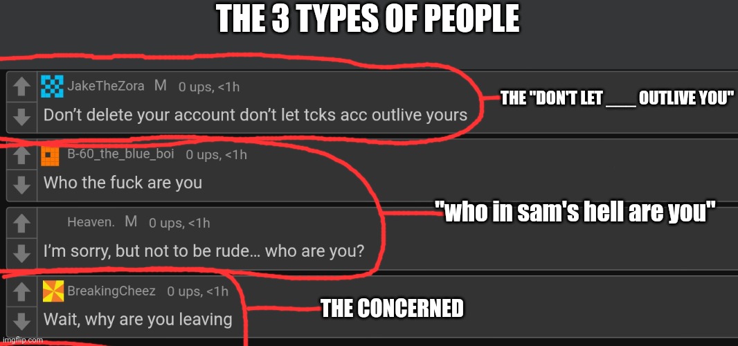 3 of like 999,999,999,999,999 types of people | THE 3 TYPES OF PEOPLE; THE "DON'T LET ___ OUTLIVE YOU"; "who in sam's hell are you"; THE CONCERNED | made w/ Imgflip meme maker