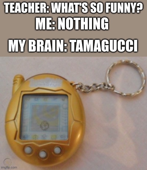 Tamagucci | TEACHER: WHAT'S SO FUNNY? ME: NOTHING; MY BRAIN: TAMAGUCCI | image tagged in gold,golden,gucci | made w/ Imgflip meme maker