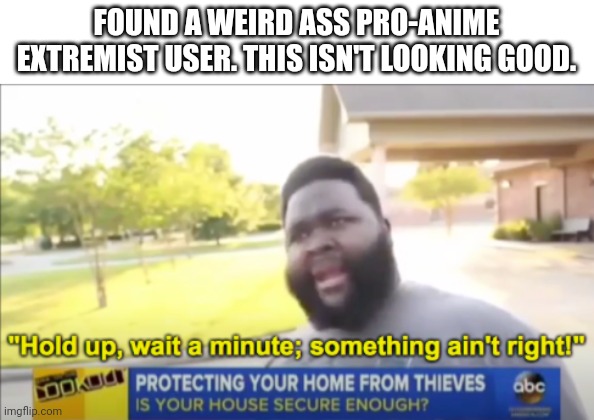 It could most likely be Lewis or a Dekuto alt, but I won't be too quick with assumptions here. |  FOUND A WEIRD ASS PRO-ANIME EXTREMIST USER. THIS ISN'T LOOKING GOOD. | image tagged in hold up wait a minute something aint right | made w/ Imgflip meme maker