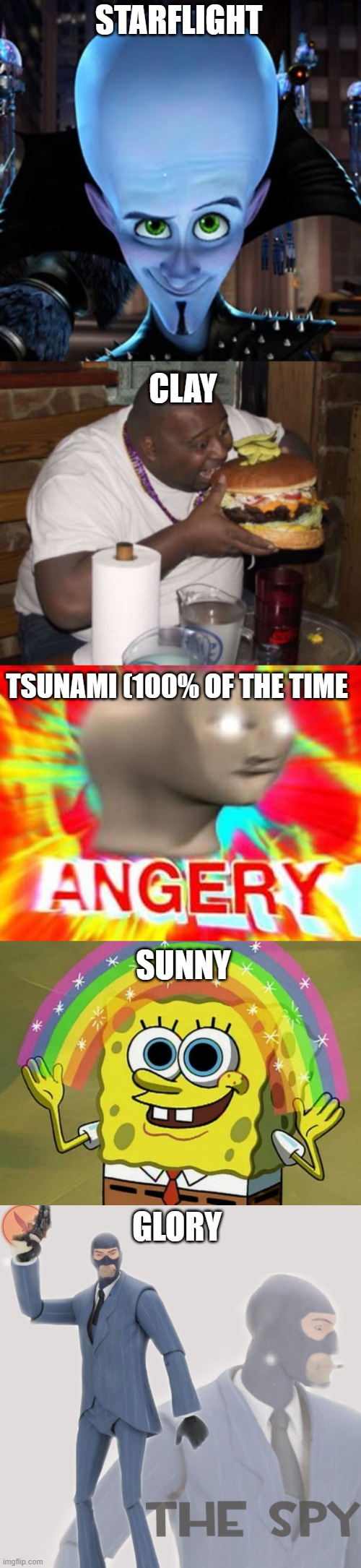 STARFLIGHT; CLAY; TSUNAMI (100% OF THE TIME; SUNNY; GLORY | image tagged in dont read the tags,stop reading the tags,stop it,fine read the tags,i cant stop ya | made w/ Imgflip meme maker