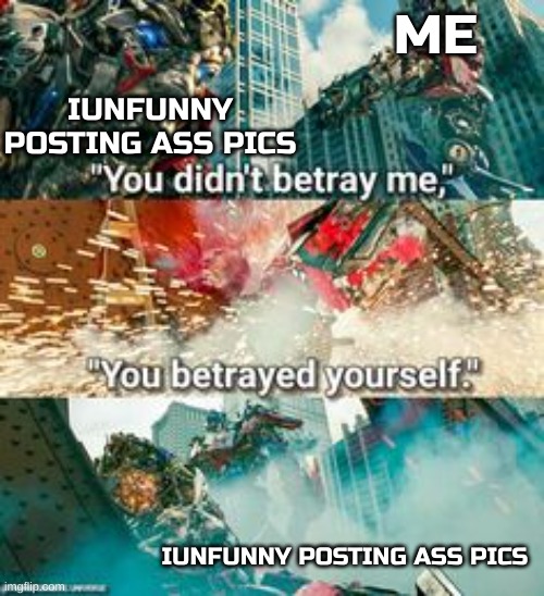 you betrayed yourself | ME; IUNFUNNY POSTING ASS PICS; IUNFUNNY POSTING ASS PICS | image tagged in you betrayed yourself | made w/ Imgflip meme maker