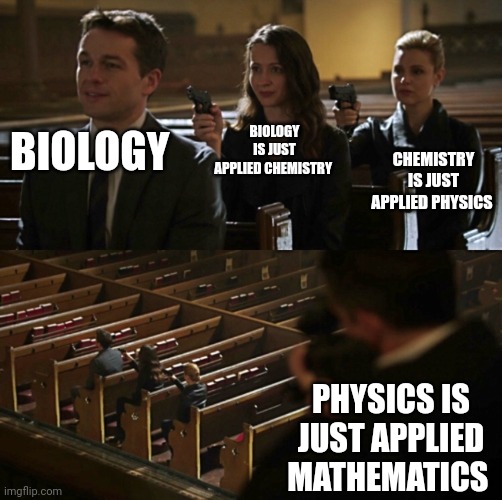 queen of science | BIOLOGY IS JUST APPLIED CHEMISTRY; BIOLOGY; CHEMISTRY IS JUST APPLIED PHYSICS; PHYSICS IS JUST APPLIED MATHEMATICS | image tagged in church sniper,biology,chemistry,physics,math,science | made w/ Imgflip meme maker