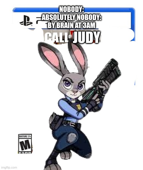 thought this was dumb | NOBODY:
ABSOLUTELY NOBODY:
BY BRAIN AT 3AM; JUDY | image tagged in judy hopps,3am,my brain,see nobody cares | made w/ Imgflip meme maker