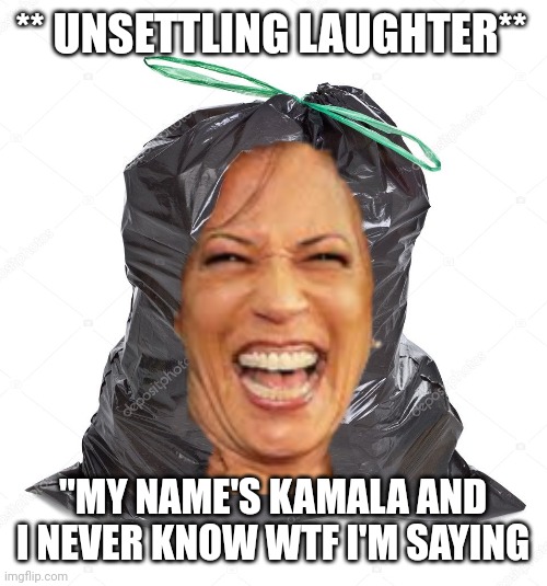 Trash bag | ** UNSETTLING LAUGHTER** "MY NAME'S KAMALA AND I NEVER KNOW WTF I'M SAYING | image tagged in trash bag | made w/ Imgflip meme maker