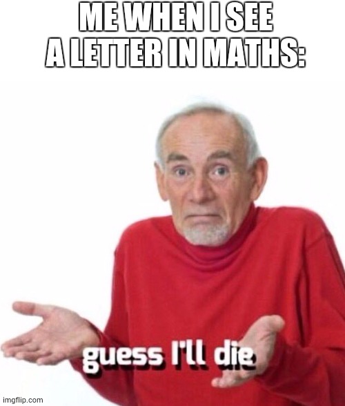 Letters are for ABC's not 123's | ME WHEN I SEE A LETTER IN MATHS: | image tagged in guess ill die | made w/ Imgflip meme maker