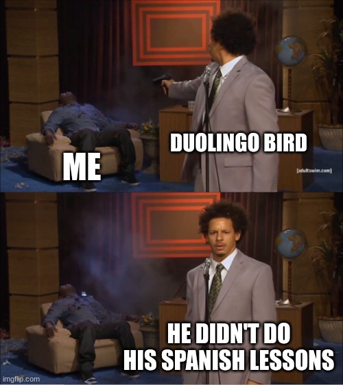why duolingo bird, WHY |  DUOLINGO BIRD; ME; HE DIDN'T DO HIS SPANISH LESSONS | image tagged in memes,who killed hannibal,funni | made w/ Imgflip meme maker