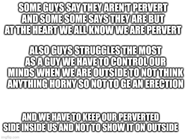 meme | SOME GUYS SAY THEY AREN'T PERVERT AND SOME SOME SAYS THEY ARE BUT AT THE HEART WE ALL KNOW WE ARE PERVERT; ALSO GUYS STRUGGLES THE MOST
AS A GUY WE HAVE TO CONTROL OUR MINDS WHEN WE ARE OUTSIDE TO NOT THINK ANYTHING HORNY SO NOT TO GE AN ERECTION; AND WE HAVE TO KEEP OUR PERVERTED SIDE INSIDE US AND NOT TO SHOW IT ON OUTSIDE | image tagged in memes | made w/ Imgflip meme maker