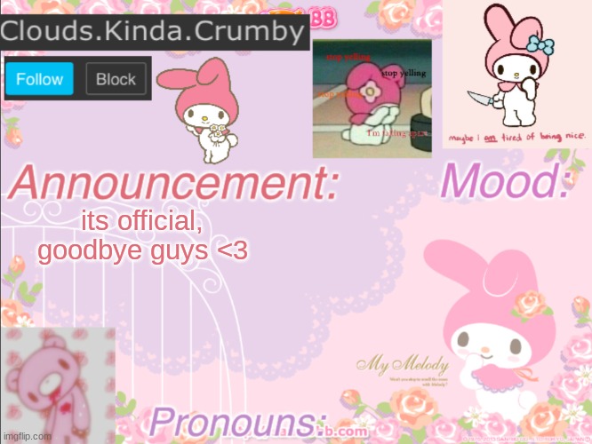 i love yall <3 | its official, goodbye guys <3 | image tagged in clouds kinda crumby s announcement template | made w/ Imgflip meme maker