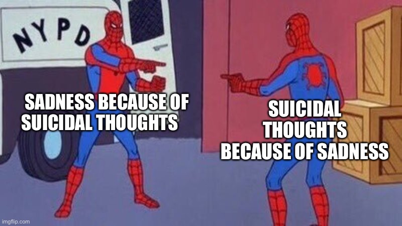spiderman pointing at spiderman | SADNESS BECAUSE OF SUICIDAL THOUGHTS; SUICIDAL THOUGHTS BECAUSE OF SADNESS | image tagged in spiderman pointing at spiderman | made w/ Imgflip meme maker