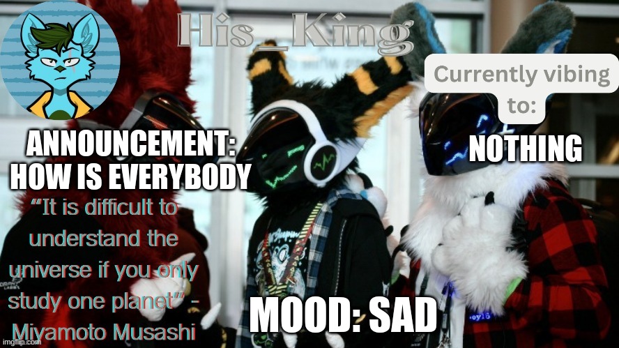 His_Kings template (credit to We_Came_As_Protogens) | ANNOUNCEMENT: HOW IS EVERYBODY; NOTHING; MOOD: SAD | image tagged in his_kings template credit to we_came_as_protogens | made w/ Imgflip meme maker
