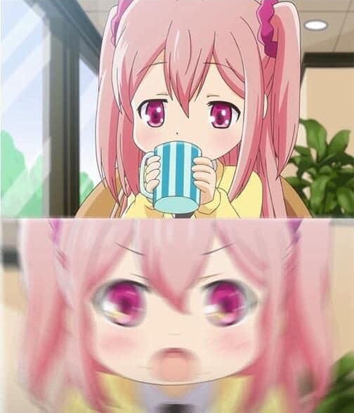 Pink hair girl sips tea Blank Meme Template