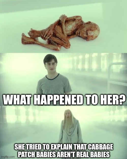 Oof | WHAT HAPPENED TO HER? SHE TRIED TO EXPLAIN THAT CABBAGE
PATCH BABIES AREN'T REAL BABIES | image tagged in dead baby voldemort / what happened to him | made w/ Imgflip meme maker