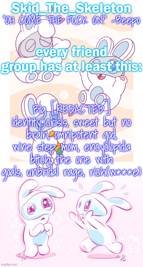 Which one are you | every friend group has at least this:; Big [REDACTED] identity crisis, sweet but no brain, omnipotent god, wine step mom, encyclopidia bitch, the one with goals, unbridal rage, rich(w***e) | image tagged in skid's spawny temp | made w/ Imgflip meme maker