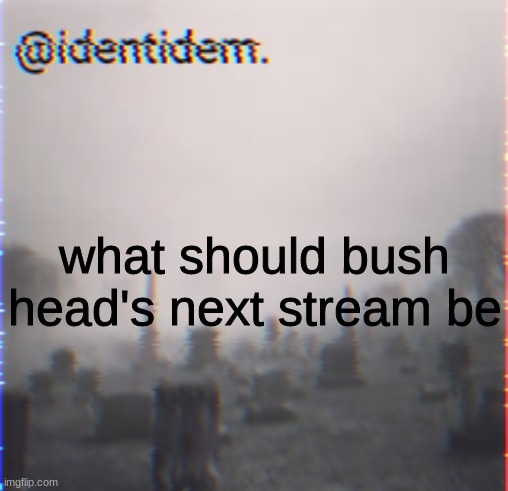 cf | what should bush head's next stream be | made w/ Imgflip meme maker