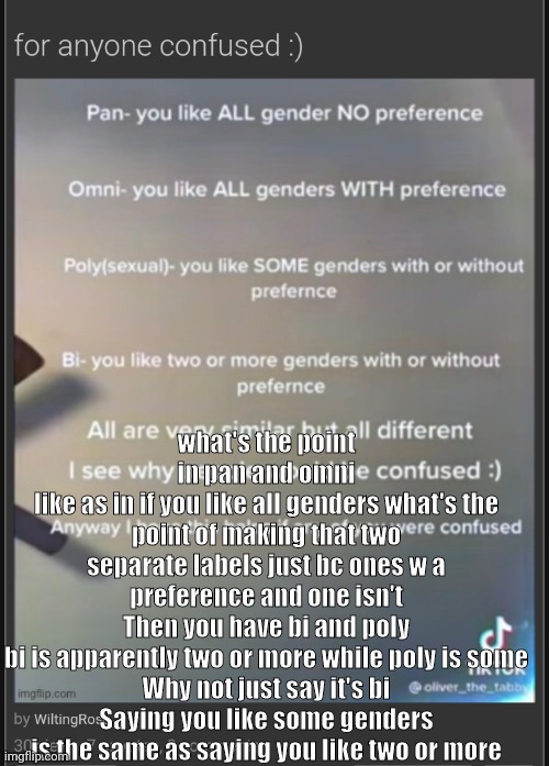 yo | what's the point in pan and omni
like as in if you like all genders what's the point of making that two separate labels just bc ones w a preference and one isn't
Then you have bi and poly
bi is apparently two or more while poly is some
Why not just say it's bi
Saying you like some genders is the same as saying you like two or more | made w/ Imgflip meme maker