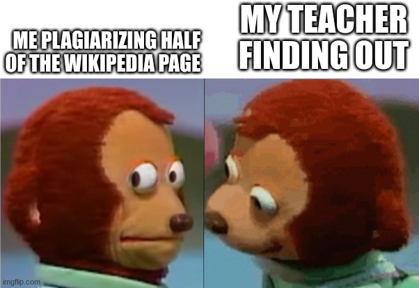 monkey puppet the 2nd | MY TEACHER FINDING OUT; ME PLAGIARIZING HALF OF THE WIKIPEDIA PAGE | image tagged in monkey puppet the 2nd | made w/ Imgflip meme maker