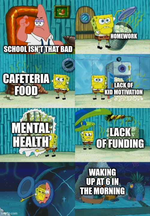 School isn't that bad! ...right? | HOMEWORK; SCHOOL ISN'T THAT BAD; CAFETERIA FOOD; LACK OF KID MOTIVATION; MENTAL HEALTH; LACK OF FUNDING; WAKING UP AT 6 IN THE MORNING | image tagged in spongebob diapers meme | made w/ Imgflip meme maker