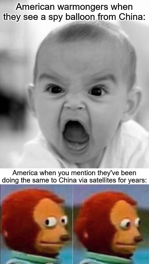 American warmongers when they see a spy balloon from China: | image tagged in memes,angry baby,balloon,spy balloon,china,america | made w/ Imgflip meme maker