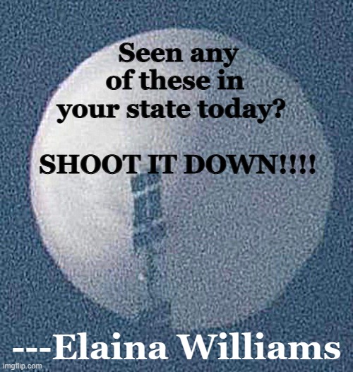 Spy Balloon | Seen any of these in 
your state today?  
 
SHOOT IT DOWN!!!! ---Elaina Williams | image tagged in spy balloon | made w/ Imgflip meme maker