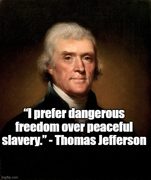 Dangerous Freedom | “I prefer dangerous freedom over peaceful slavery.” - Thomas Jefferson | image tagged in thomas jefferson,founding fathers,politics,freedom | made w/ Imgflip meme maker