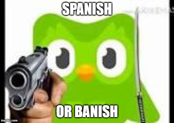 Doulingo holding a gun | SPANISH; OR BANISH | image tagged in doulingo holding a gun | made w/ Imgflip meme maker