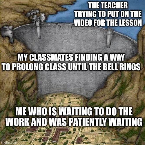 tl:dr: im a nerd (i have the highest grade in humanitites) | THE TEACHER TRYING TO PUT ON THE VIDEO FOR THE LESSON; MY CLASSMATES FINDING A WAY TO PROLONG CLASS UNTIL THE BELL RINGS; ME WHO IS WAITING TO DO THE WORK AND WAS PATIENTLY WAITING | image tagged in water dam meme | made w/ Imgflip meme maker
