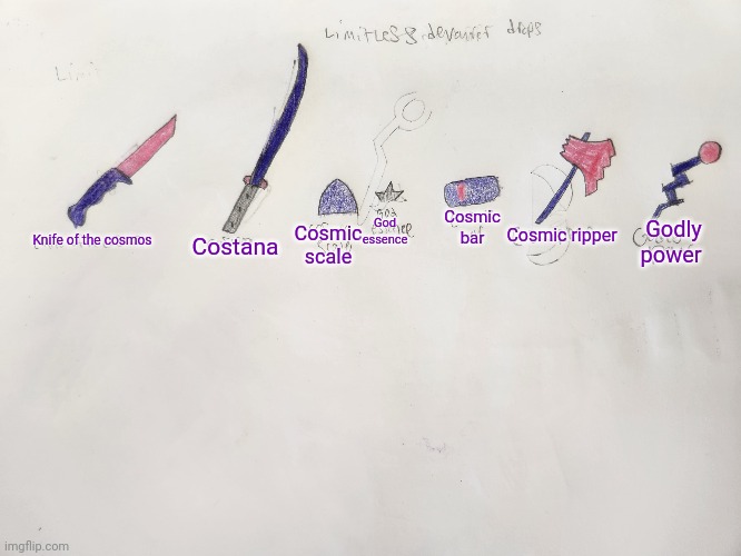 Limitless Devourer drops | Cosmic bar; God essence; Cosmic scale; Godly power; Cosmic ripper; Costana; Knife of the cosmos | made w/ Imgflip meme maker