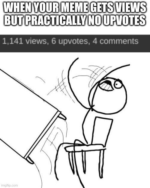 dont you hate when this happens | WHEN YOUR MEME GETS VIEWS BUT PRACTICALLY NO UPVOTES | image tagged in memes,table flip guy | made w/ Imgflip meme maker
