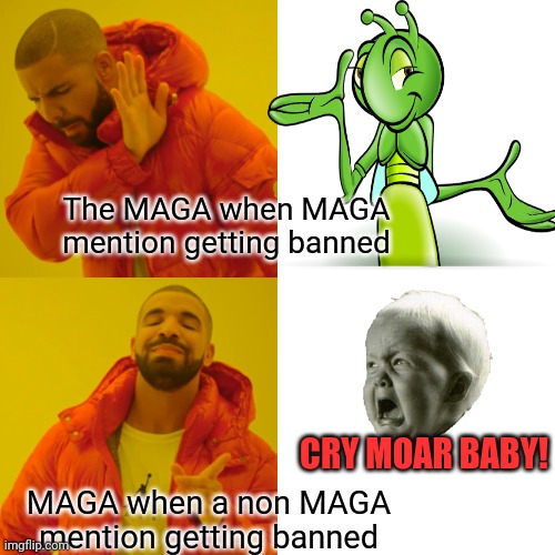 Oh what fun it is to laugh at the HYPOCRISY (sung to the tune of Jingle Bells) | The MAGA when MAGA mention getting banned; CRY MOAR BABY! MAGA when a non MAGA mention getting banned | image tagged in memes,drake hotline bling | made w/ Imgflip meme maker