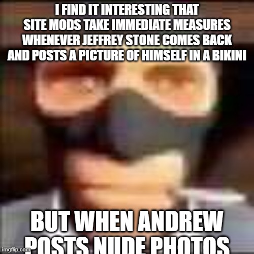 spi | I FIND IT INTERESTING THAT SITE MODS TAKE IMMEDIATE MEASURES WHENEVER JEFFREY STONE COMES BACK AND POSTS A PICTURE OF HIMSELF IN A BIKINI; BUT WHEN ANDREW POSTS NUDE PHOTOS | image tagged in spi | made w/ Imgflip meme maker