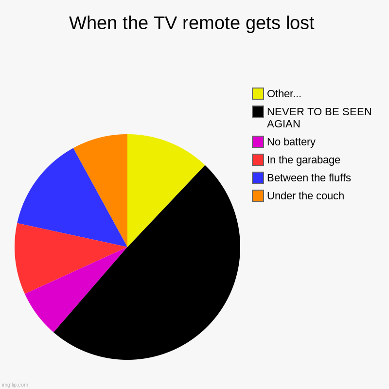 oh | When the TV remote gets lost | Under the couch, Between the fluffs, In the garabage, No battery, NEVER TO BE SEEN AGIAN, Other... | image tagged in charts,pie charts | made w/ Imgflip chart maker