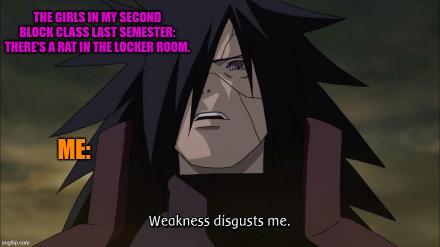 When the girls in my second block last semester scared of a rat | THE GIRLS IN MY SECOND BLOCK CLASS LAST SEMESTER: THERE'S A RAT IN THE LOCKER ROOM. ME: | image tagged in madara | made w/ Imgflip meme maker