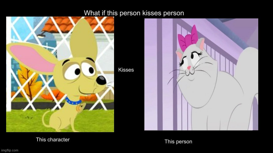 if cuddleworth kisses madame pickypuss | image tagged in what if this person kisses character,hasbro,dogs,cats,couples | made w/ Imgflip meme maker