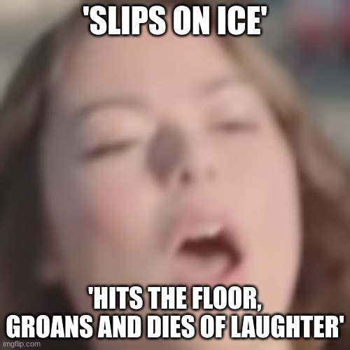 'SLIPS ON ICE'; 'HITS THE FLOOR, GROANS AND DIES OF LAUGHTER' | image tagged in laughing | made w/ Imgflip meme maker