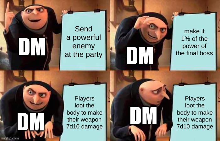 The dungeon master's oversight | Send a powerful enemy at the party; make it 1% of the power of the final boss; DM; DM; Players loot the body to make their weapon 7d10 damage; Players loot the body to make their weapon 7d10 damage; DM; DM | image tagged in memes,gru's plan,dungeons and dragons,damage | made w/ Imgflip meme maker