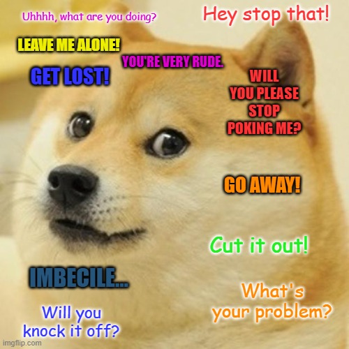 Quit Buggin' Doge! | Uhhhh, what are you doing? Hey stop that! LEAVE ME ALONE! YOU'RE VERY RUDE. WILL YOU PLEASE STOP POKING ME? GET LOST! GO AWAY! Cut it out! IMBECILE... What's your problem? Will you knock it off? | image tagged in memes,doge | made w/ Imgflip meme maker