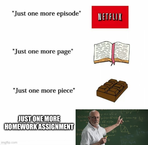 Just one more | JUST ONE MORE HOMEWORK ASSIGNMENT | image tagged in just one more | made w/ Imgflip meme maker