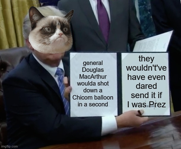 cat a strophic | general Douglas MacArthur woulda shot down a Chicom balloon in a second; they wouldn't've have even dared send it if I was Prez | image tagged in memes,trump bill signing | made w/ Imgflip meme maker