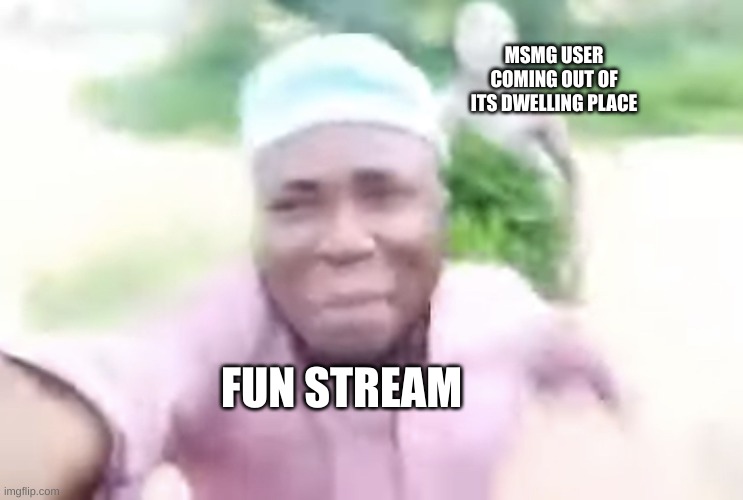 I like this template | MSMG USER COMING OUT OF ITS DWELLING PLACE; FUN STREAM | image tagged in black guy running away from tribe member | made w/ Imgflip meme maker